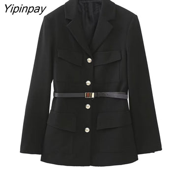 Yipinpay 2023 Women Solid Blazer Jacket With Belt Spring Notched Office Outfits Coats Single Breasted Chic Outwear